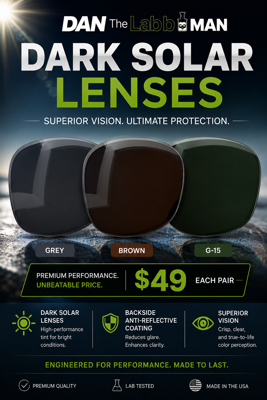 Dark Solar Lens 85% Tint W/Backside Anti-Reflective Coating