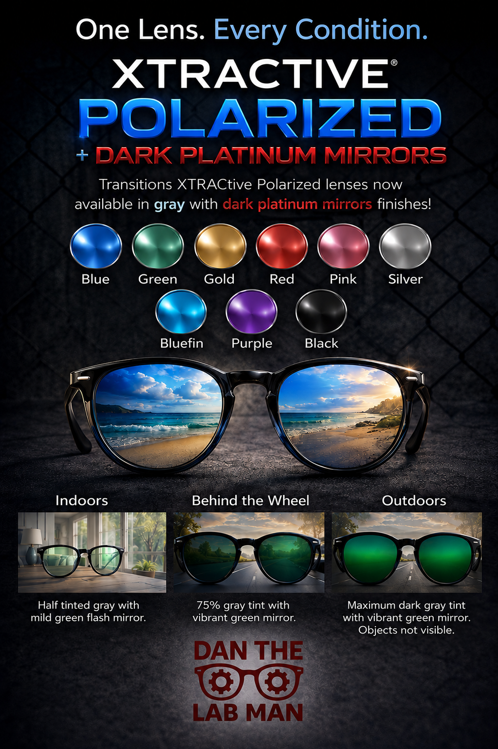 Ultimate Package Polarized XtraActive Transitions Dark Platinum MIRRORS! No Rx